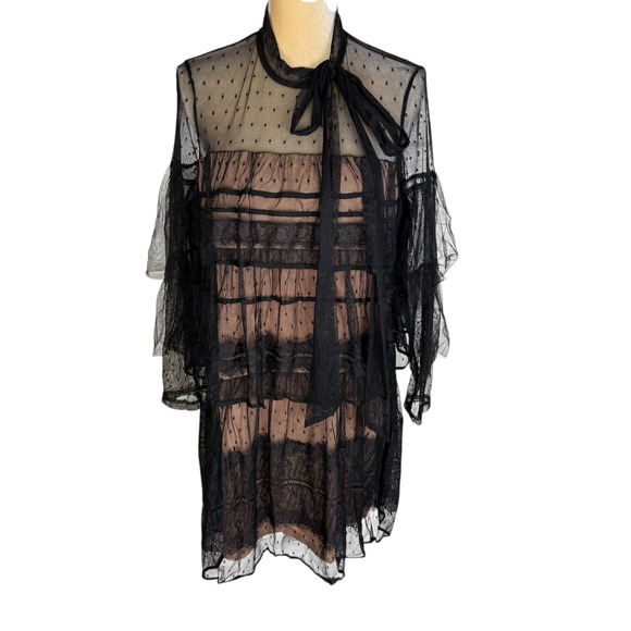 Gianni Bini Dresses & Skirts - Gianni Bini Black Sheer Lace Tiered Ruffle Tie Neck Miranda Dress New
